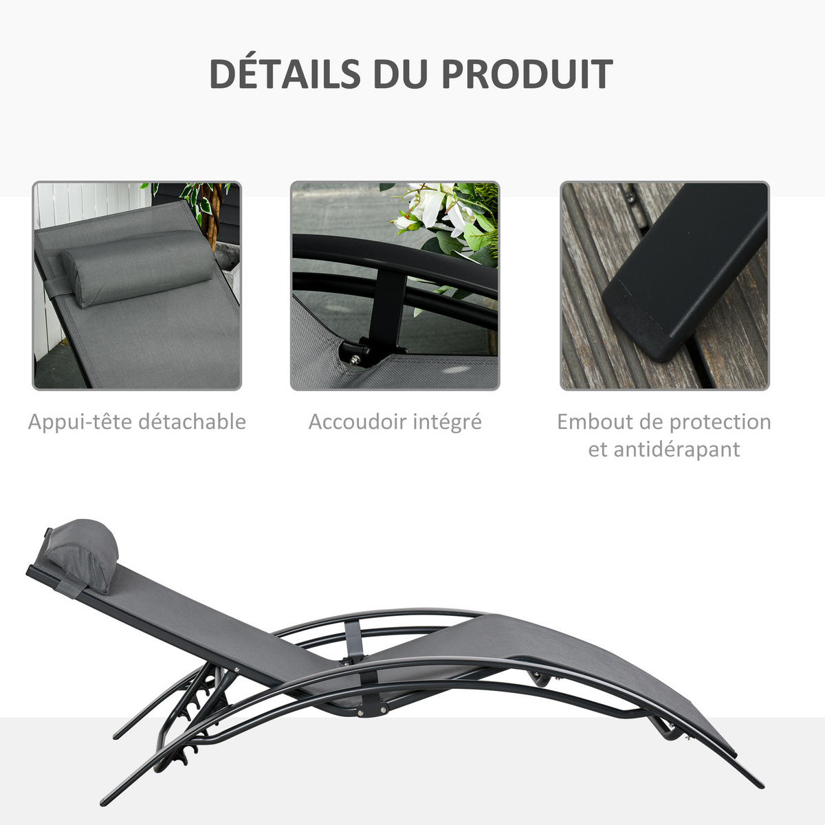 SONNENLIEGE DE-15583 5-fach verstellbar, inkl. Kopfkissen Grau - Grau, Metall (64/82/171cm) - ComfortXL