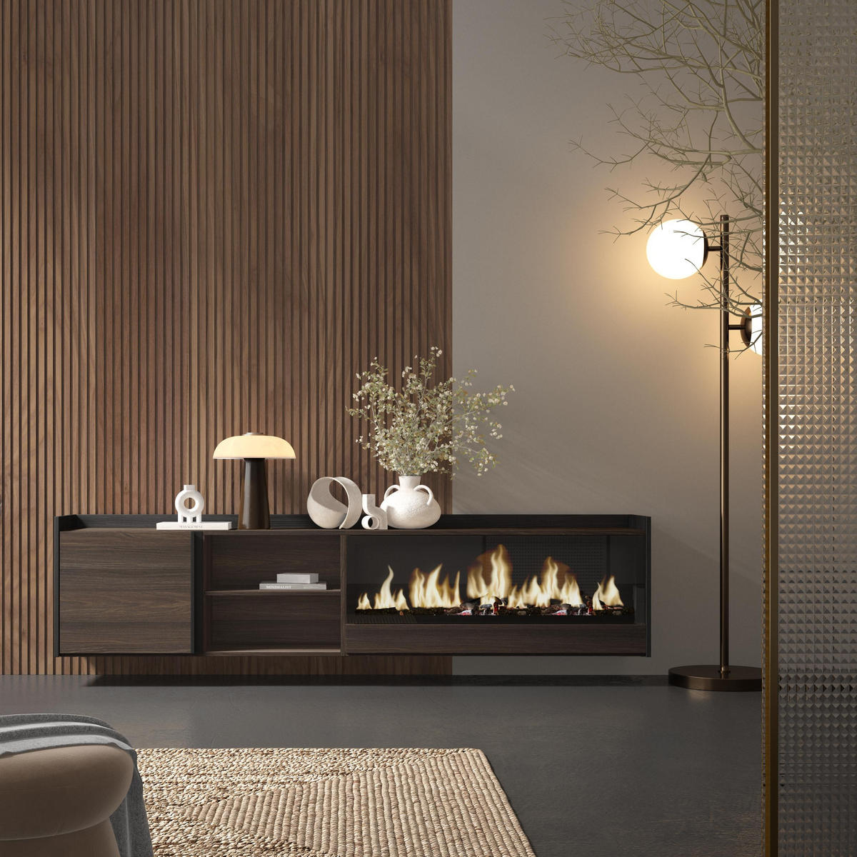 LOWBOARD, Eiche und Schwarz, 212/35/50cm, Kamin mit Feuereffekt XXL - Dunkelbraun, Holzwerkstoff (212/50/35cm) - Skraut Home