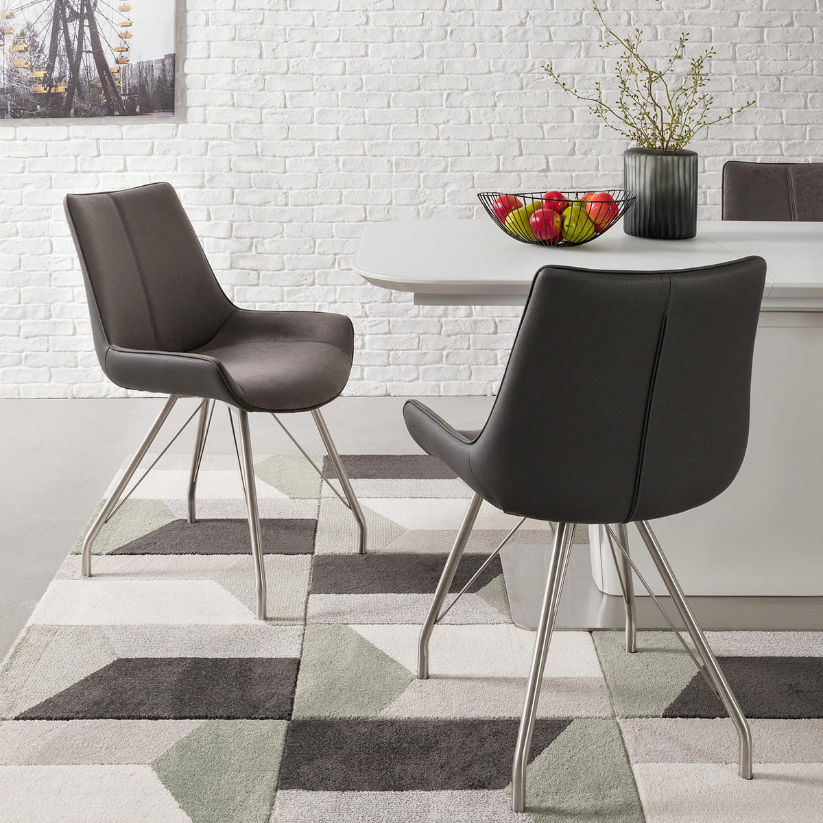 POLSTERSTUHL - 2er-Set - Kunstleder / Edelstahl - Silberfarben/Grau, Kunststoff/Textil (54/87/60cm) - home24