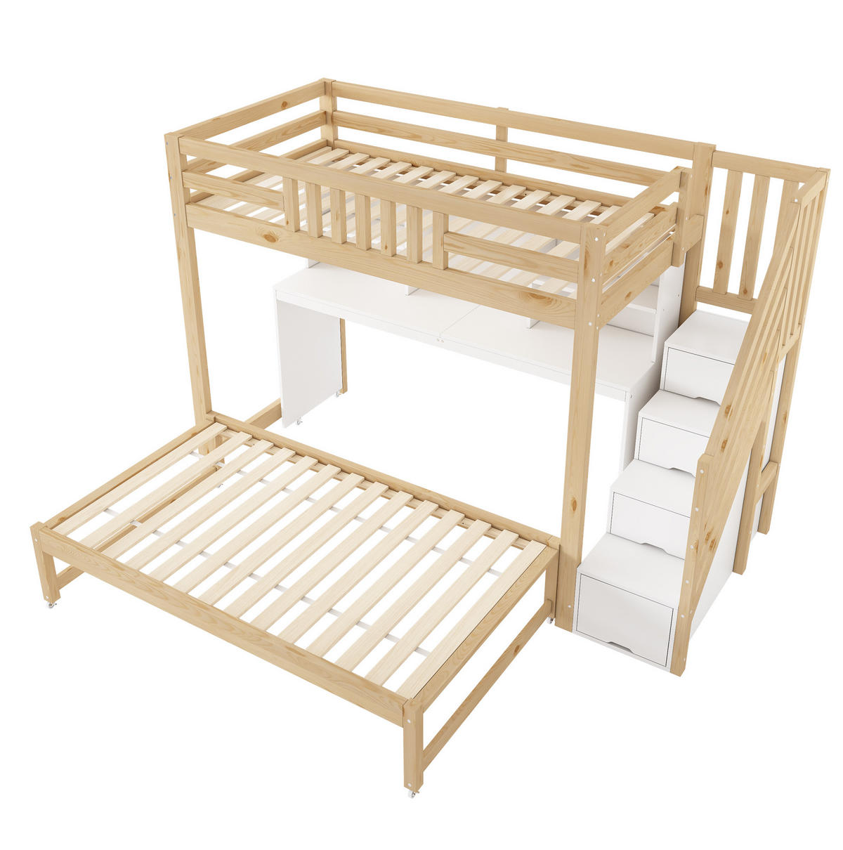 ETAGENBETT aus Kiefernholz 90x200 cm Weiß & Eiche mit Schreibtisch, Ausziehbett, Stauraum und Leiter - Eichefarben, Holz (90/200cm) - Modfu