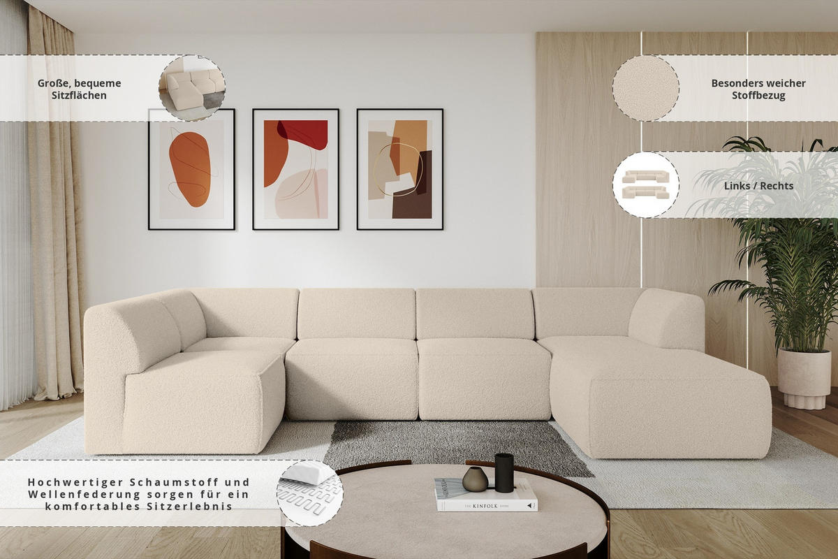 WOHNLANDSCHAFT Ottomane Rechts MOVA 345x180x78 Dunkelbeige Bouclé - Schwarz/Cappuccino, Holzwerkstoff/Kunststoff (345/78/180cm) - ALTDECOR