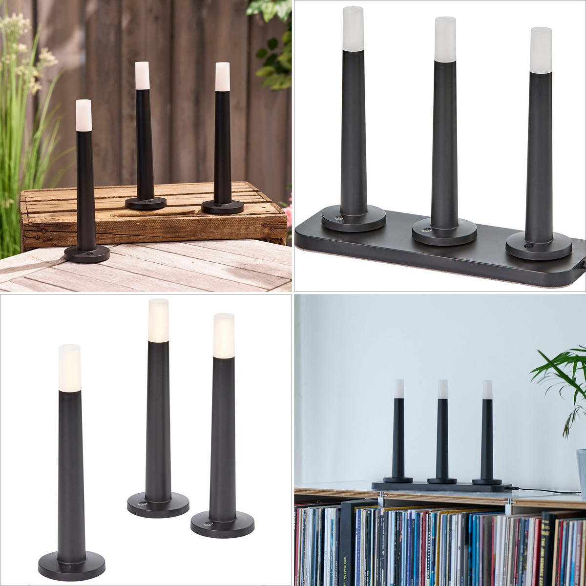 LED-STABKERZEN - dimmbar in warmweiß mit induktiver Ladeschale und Touchtaste für Innen und Außen, 3er-Set - Schwarz, Kunststoff (24/29.5/10.3cm) - Northpoint