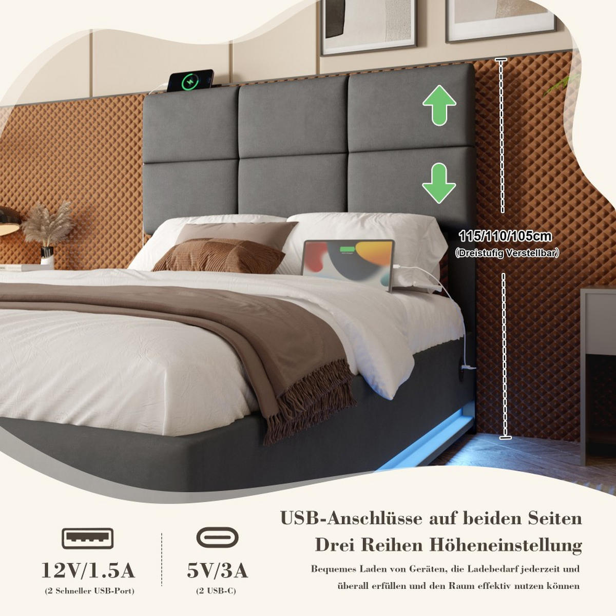 BOXBETT 90/200 mit Bettkasten, LED, USB/Typ C-Ladeanschluss,Samt,Grau - Grau, Holz (90/200cm) - LVHOM