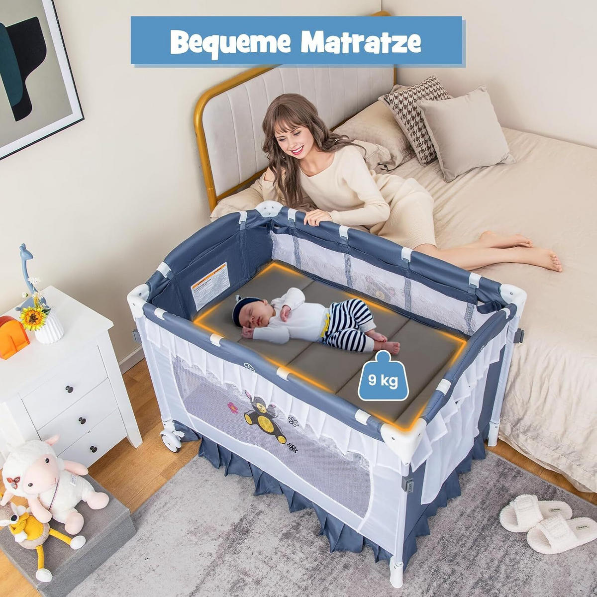 BABYBETT mit abnehmbarem Baldachin grau - Grau, Textil - COSTWAY