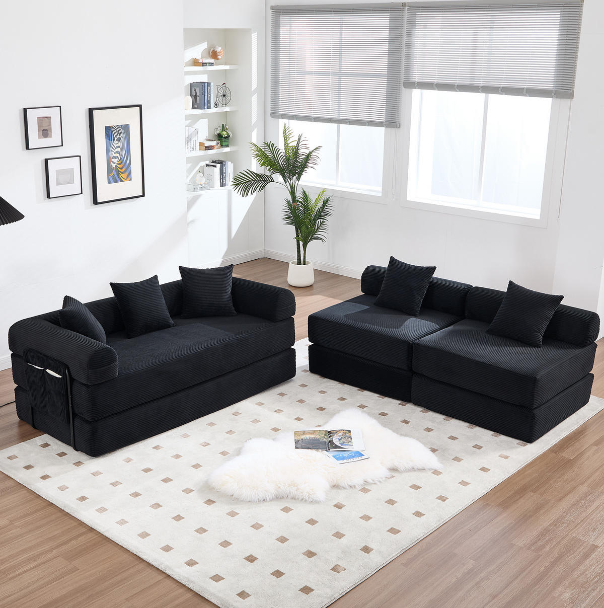 MODULSOFA 270/180/64 cm aus Cord mit Schlaffunktion und Stauraumtasche Schwarz - Schwarz, Textil (180/64/270cm) - Modenvie