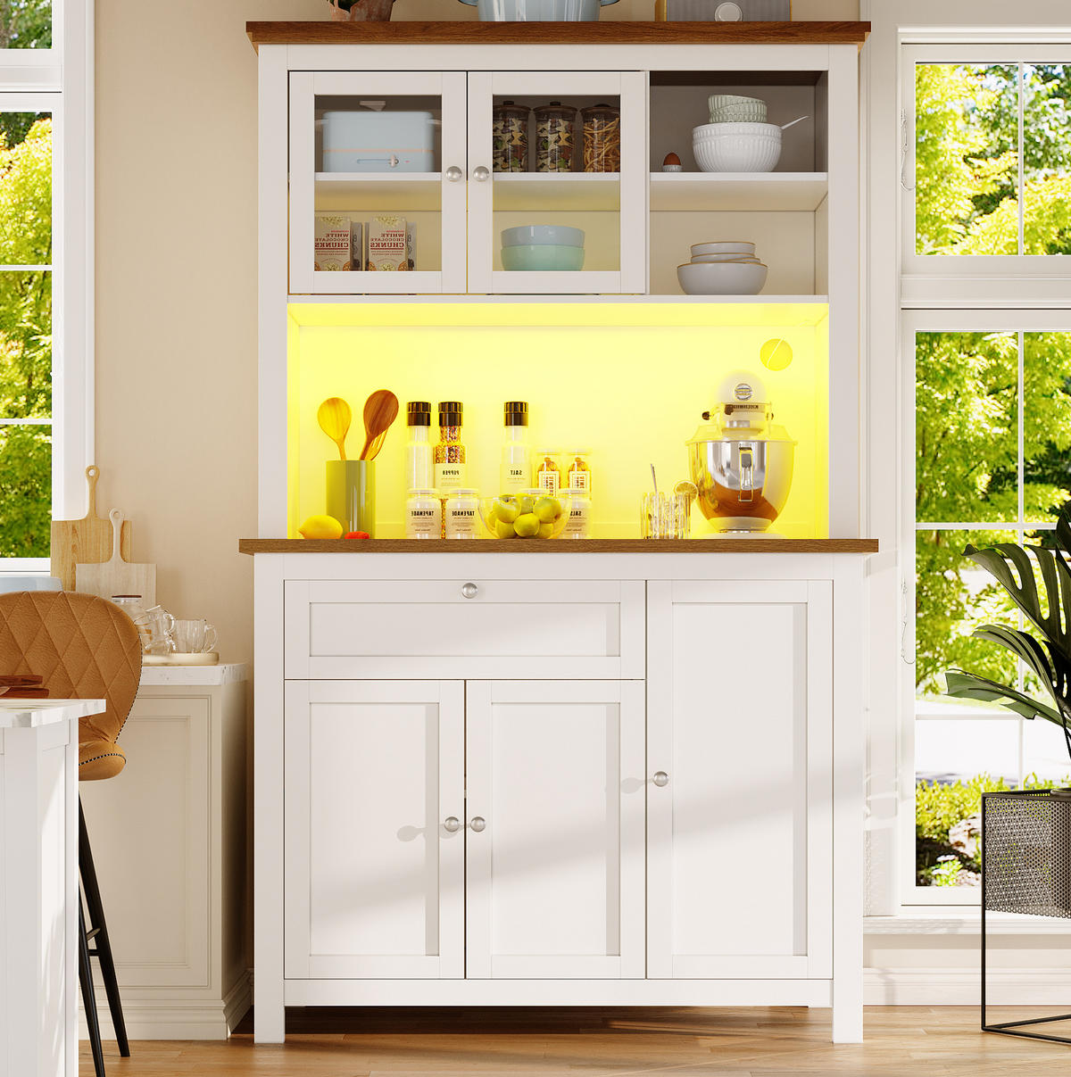 BUFFETSCHRANK 104/40/180 cm mit LED-Beleuchtung, verstellbaren Ablagen und Schiebetür aus MDF, Weiß - Weiß, Holzwerkstoff (104/180/40cm) - Redom