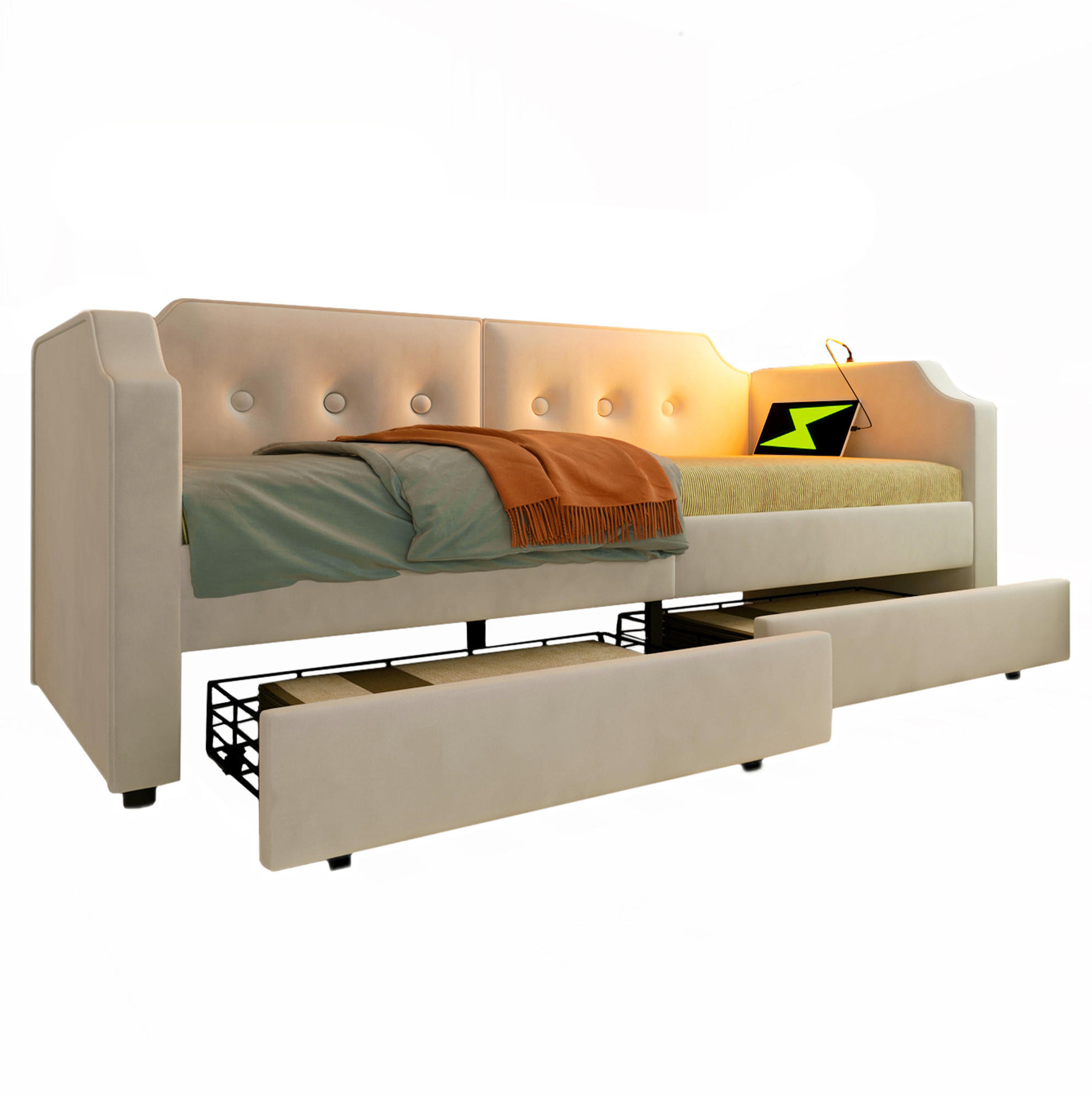 POLSTERBETT 90/200 cm aus Samt mit 2 Schubladen und USB- und Type-C-Anschlüssen - Beige, Textil (90/200cm) - Flora Grace
