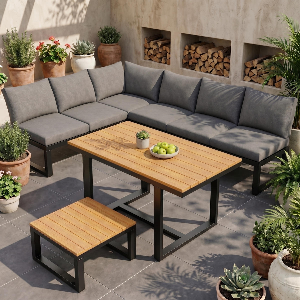 GARTENLOUNGE-SET für 6 Personen Garten-Essgruppe Ecksofa mit verstellbarer Rückenlehne - Schwarz/Naturfarben, Textil/Metall - STILVORA