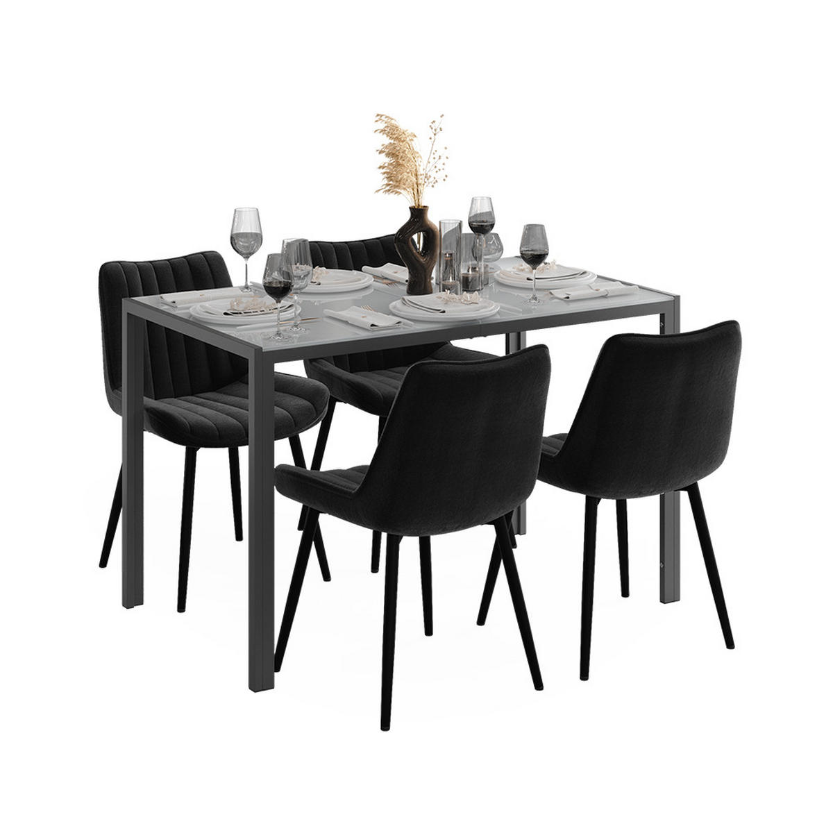 JÍDELNÍ STŮL SESTAVA Grand, Šedá, 120 x 70 cm se 4 židlemi (černé) - šedá, sklo (120/74.5/70cm) - Vicco