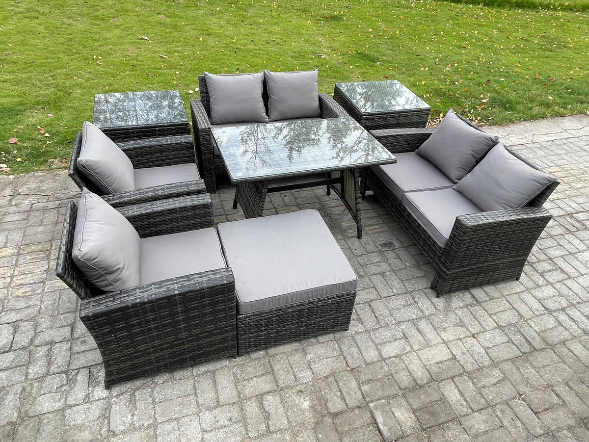 GARTENMÖBELSET mit ESSTISCH,HOCHLEHNER-SOFA Polyrattan Dunkelgrauer Mix 7-Sitzer - Dunkelgrau/Grau, Glas/Kunststoff - Fimous