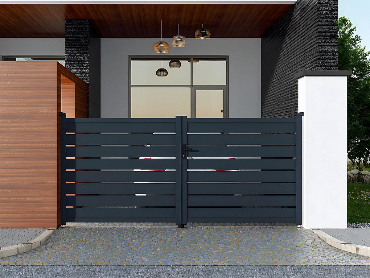 GARTENTOR Flügeltor Doppeltor mit Torantrieb - durchbrochen - Aluminium - 355 x 166 cm - Anthrazit - PRIMO - Anthrazit, Metall (350/161cm) - Vente-Unique