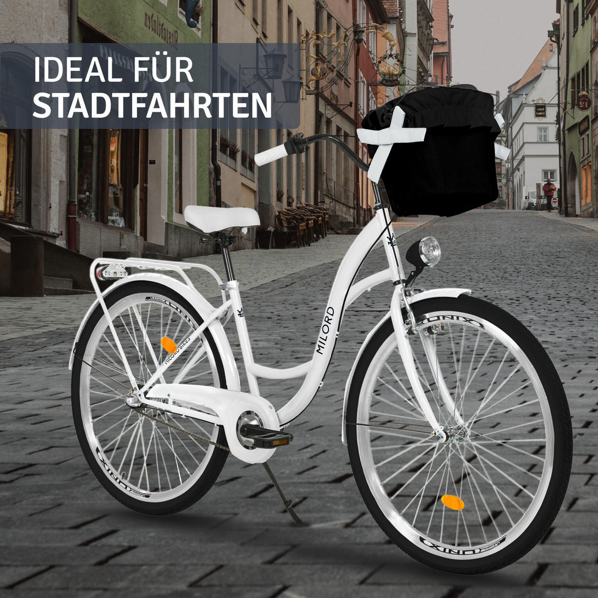CITY-FAHRRAD Milord mit Metallkorb, 26 Zoll, Weiß, 3-Gang - Weiß, Metall (46cm) - Milordbikes
