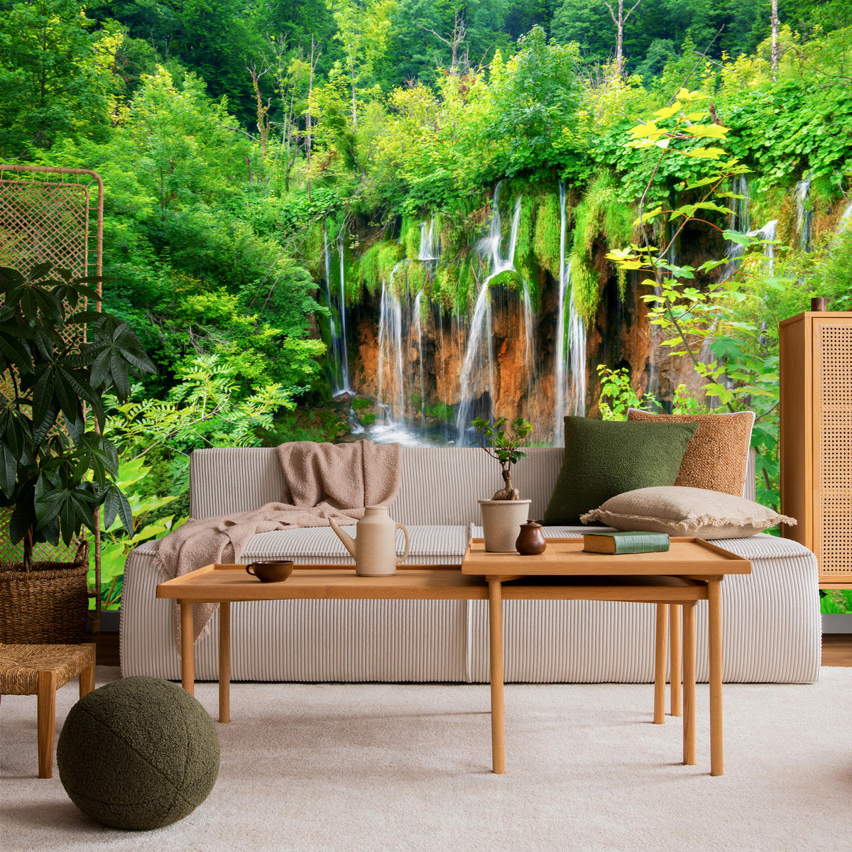 FOTOTAPETE für Esszimmer Exotischer Wasserfall Dschungelwald 350x256 - Türkis/Braun, Papier (350/256cm) - Muralo