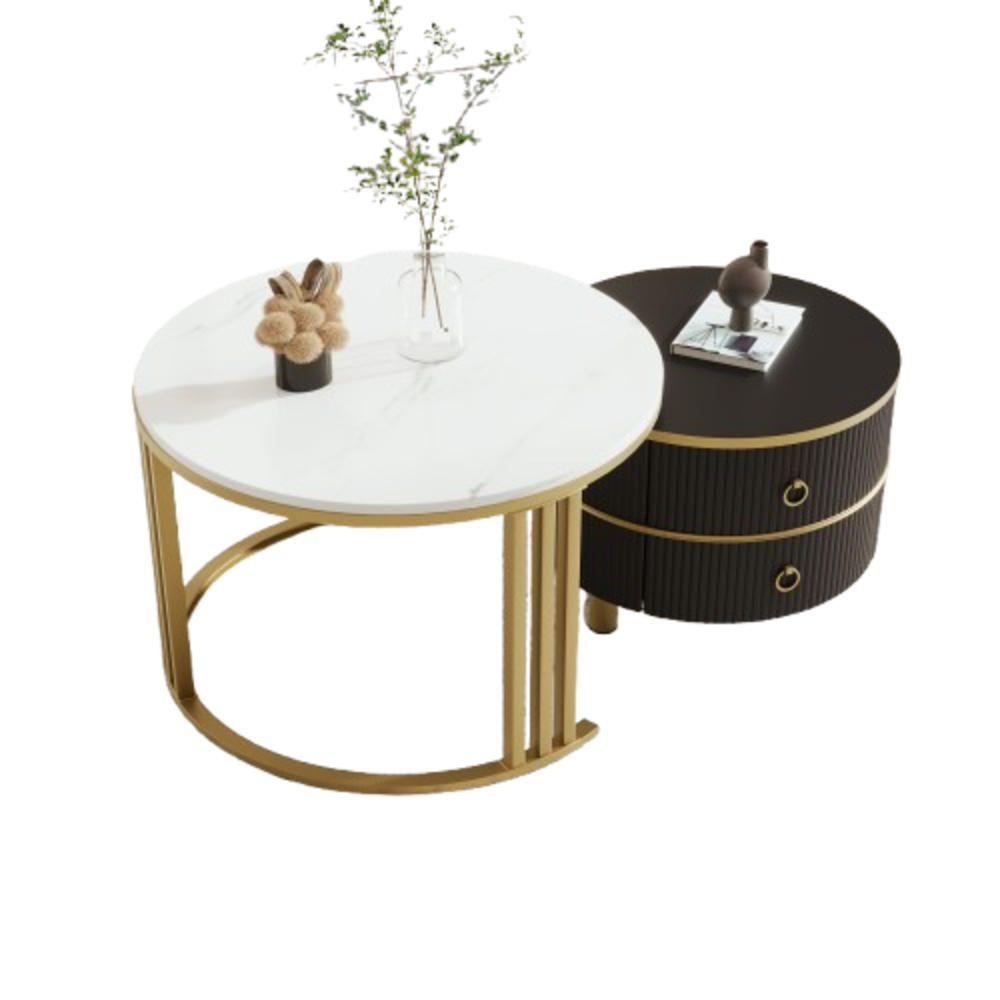 COUCHTISCH 70/70/46 cm schwarz mit Marmoroberfläche und 2 Schubladen - Schwarz, Holzwerkstoff (70/70/46cm) - OKWISH