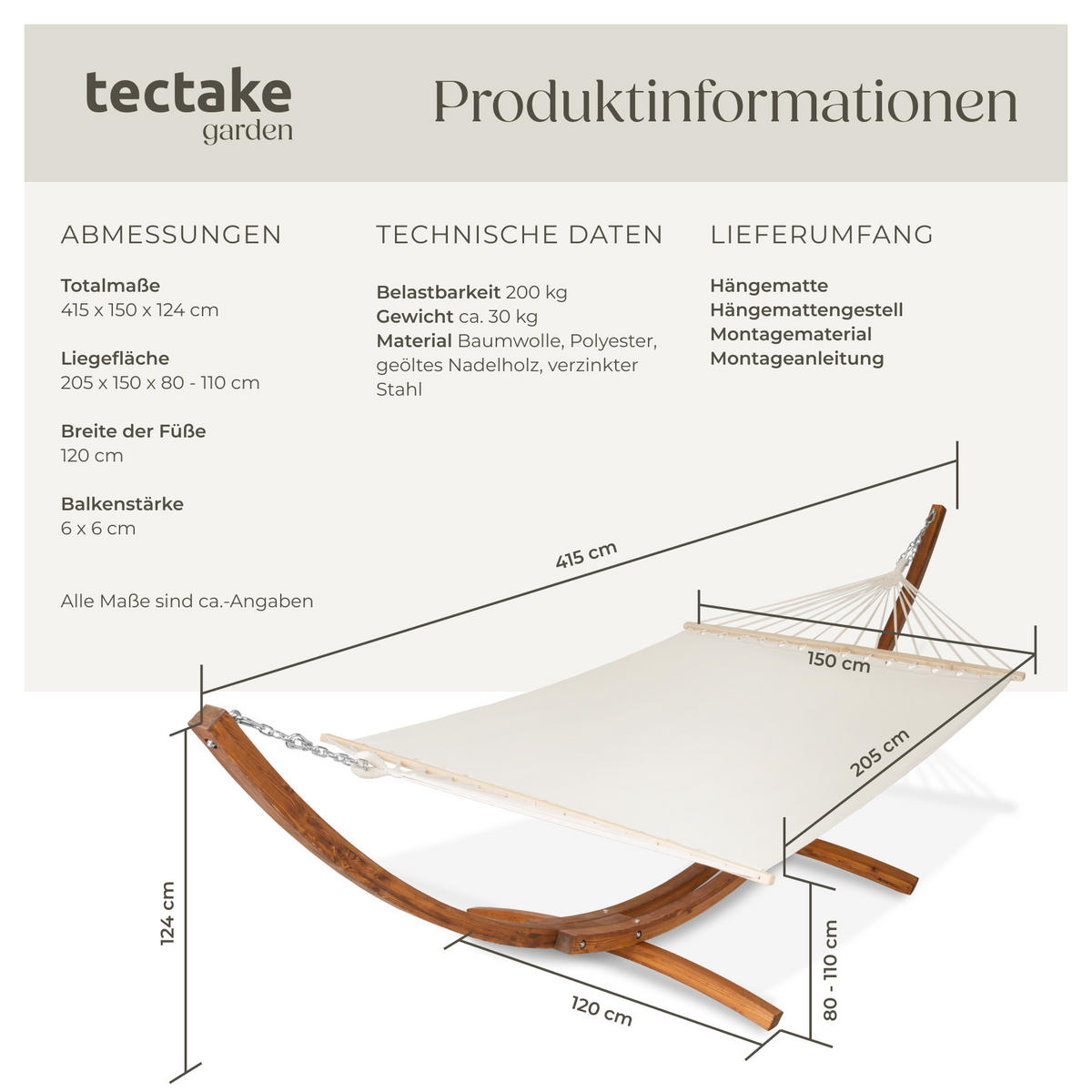 HÄNGEMATTE Thorsten,205 x 150 cm,weiß - Weiß, Textil (150/124/415cm) - tectake