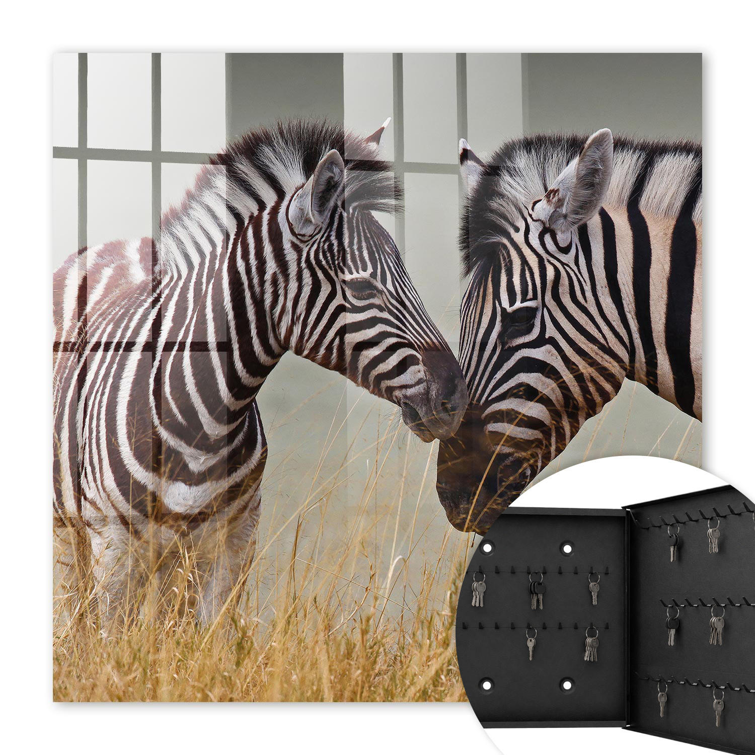 SCHLÜSSELBOX Schwarz 30x30 cm- Türöffnung nach rechts - Zebras zusammen - Multicolor, Metall (30/30/5cm) - TULUP