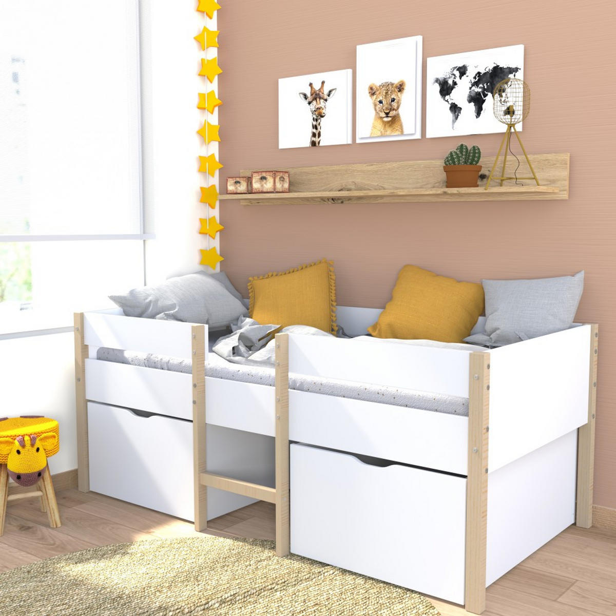 KINDERBETT ZEPHIR / SPIELBETT 90x190 cm + 2 Schubladen + Lattenrost / Weiß & Naturlack - Multicolor, Holz/Holzwerkstoff (90/190cm) - Weber Industries