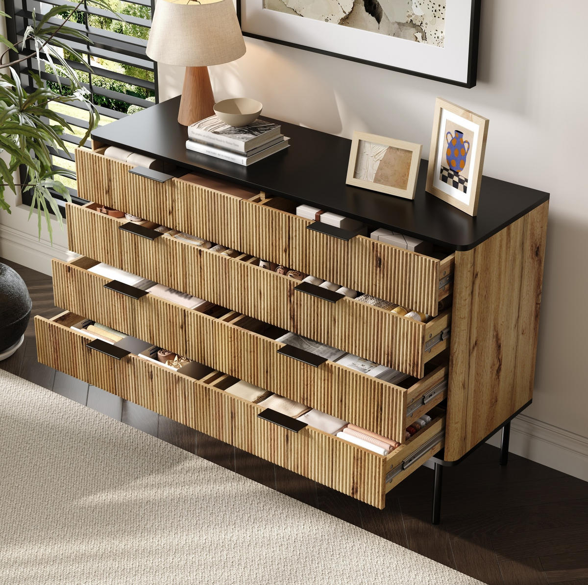 SIDEBOARD 120/39,5/80 cm mit mehreren Schubladen und strukturierter Front aus MDF, Natur/Schwarz - Schwarz, Holzwerkstoff (120/80/39.5cm) - Redom