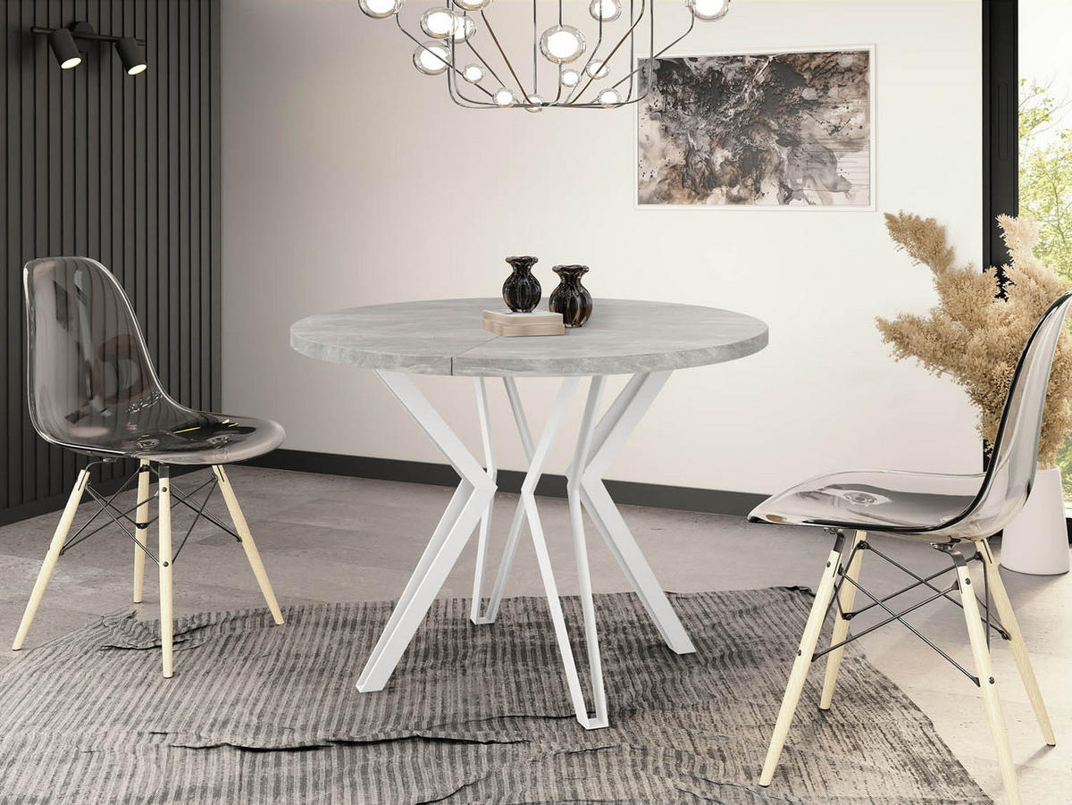 ESSTISCH Austin runder ausziehbarer, Grauer Beton 100-180/100/76 cm - Hellgrau/Weiß, Holzwerkstoff/Metall (100/100/76cm) - WFL GROUP