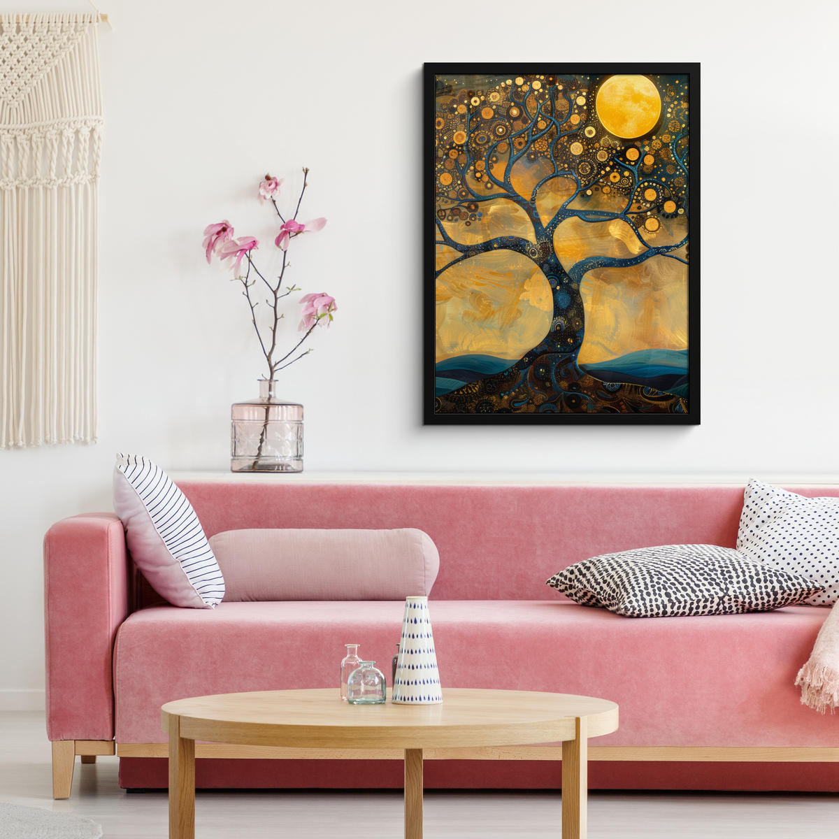 GERAHMTES BILD Baum - Mond - Blumen - Gold - Kunst 60x80 cm - Orange, Papier (60/80cm) - MuchoWow