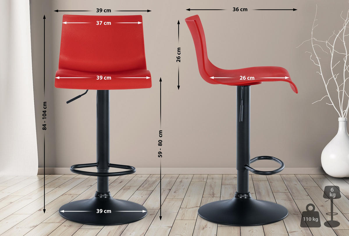 BARHOCKER 2er Set Kunststoff rot - Rot/Schwarz, Kunststoff/Textil (39/84/36cm) - CLP