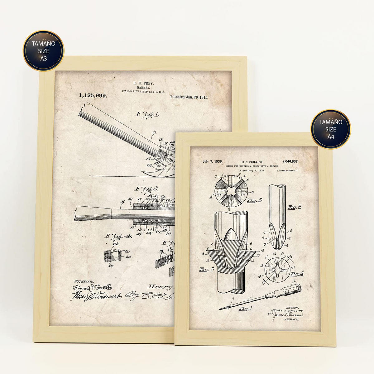 POSTER Set Mit 6 Mit Bauwerkzeuge 2 Patenten Im Vintage Stil A3 & A4 Rahmen Aus Hellem Holz - Beige, Papier (29/3cm) - Nacnic