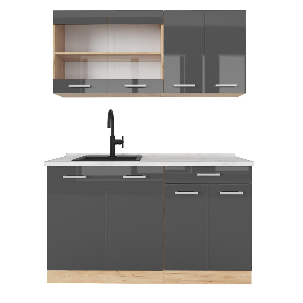 SINGLEKÜCHE R-Line Anthrazit Hochglanz/Goldkraft Eiche 140 cm AP Marmor - Anthrazit/Eiche Wotan, Holzwerkstoff (140/81.6/60cm) - Vicco