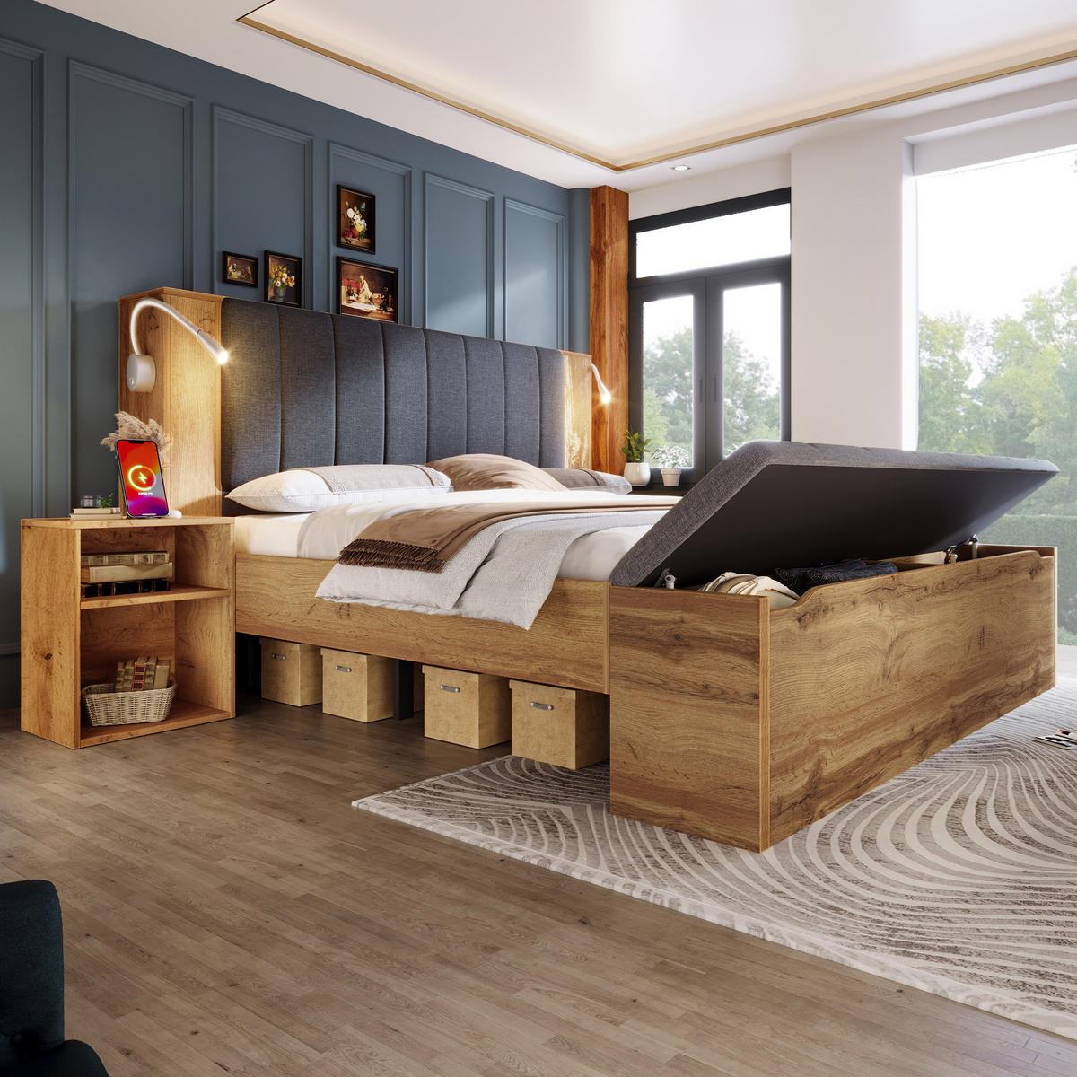 POLSTERBETT 160/200 cm Eiche mit 2 Nachttische, Bettbank mit Stauraum und Leselampen mit USB - Naturfarben, Holz (160/200cm) - Oxeza