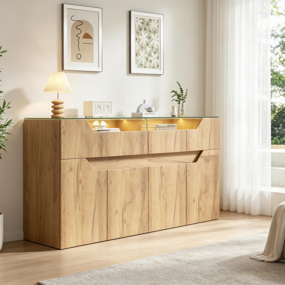 SIDEBOARD 140/40/70 cm natur aus MDF mit Glasplatte und 2 Schubladen - Naturfarben, Holzwerkstoff (140/70/40cm) - OKWISH