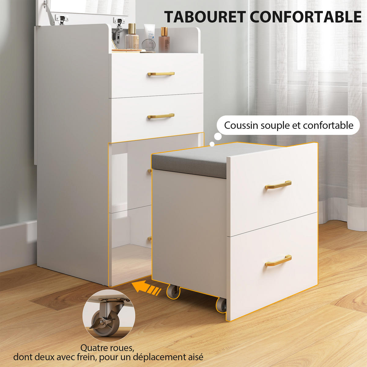 SCHMINKTISCH DE-18302 3-in-1 mit Spiegel, Hocker & Glasplatte Weiß - Weiß, Holzwerkstoff (40/90/48cm) - ComfortXL