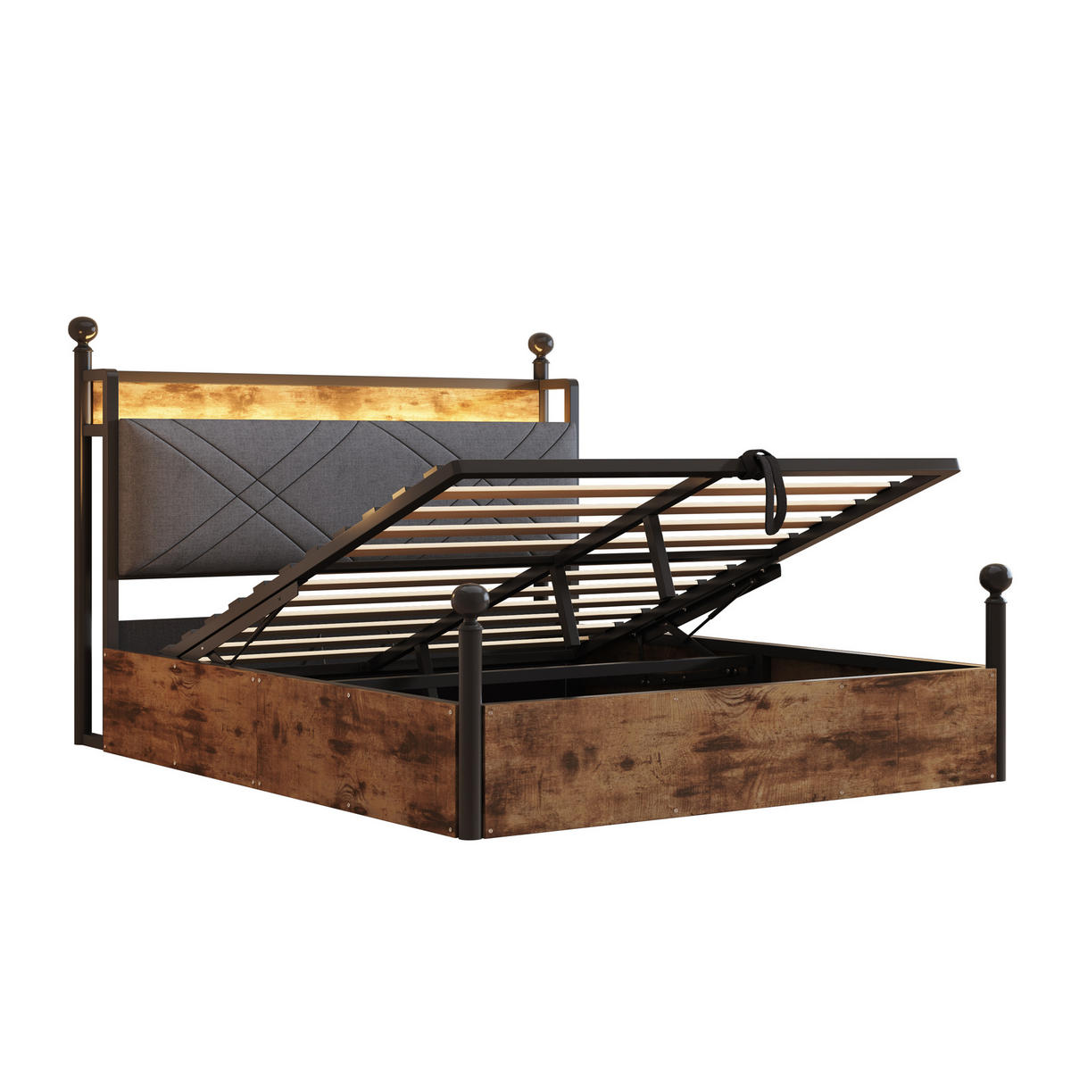 METALLBETT 140/190 cm schwarz mit hydraulischem Stauraum und LED-Beleuchtung - Schwarz, Metall (140/190cm) - OKWISH