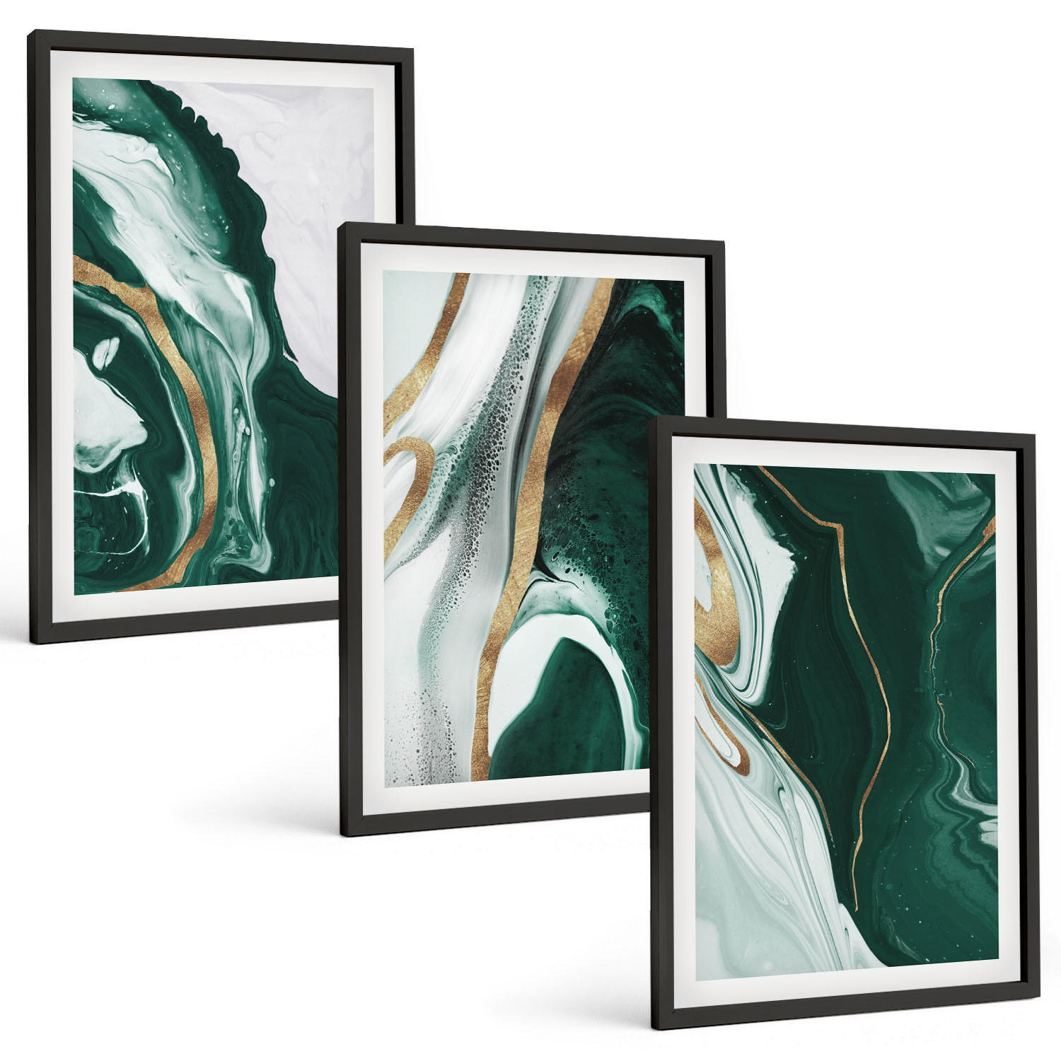 BILDER SET 3er Set - 40x60 cm Schwarzer Rahmen - Abstrakte grüne Farbmuster - Schwarz, Kunststoff (40/60cm) - TULUP