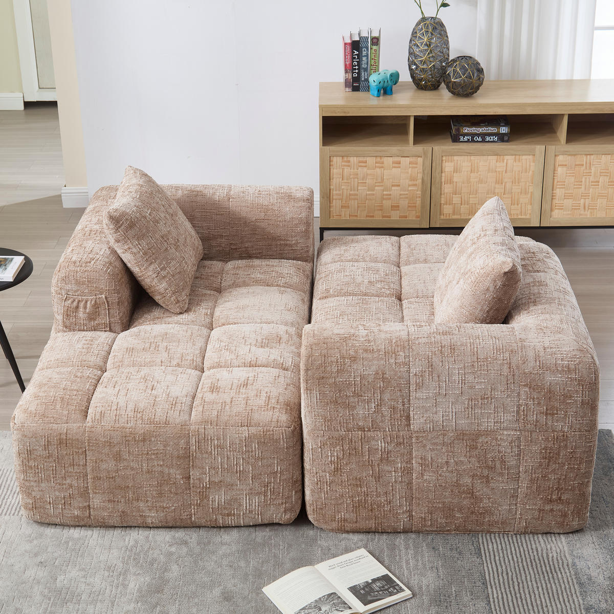 ECKSOFA L-Form 3-Sitzer mit Chaiselongue und Armlehnen Chenille khaki 250/158/60 cm - Naturfarben, Textil (250/158cm) - OKWISH