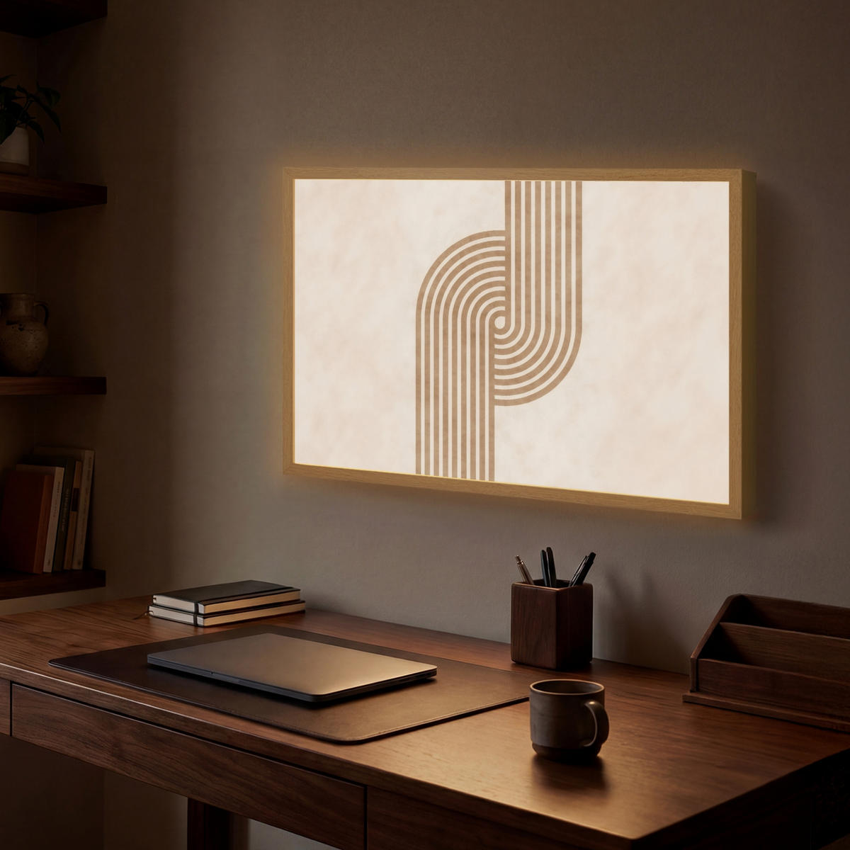 NÁSTĚNNÁ LAMPA S AKUMULÁTOREM Symetrický ohyb - měděná barva 60x40 cm - béžová, kompozitní dřevo (60/40/8cm) - OnlyWow