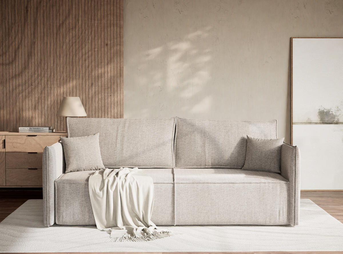 SOFA MIT SCHLAFFUNKTION Obra Beige grau Webstoff - Beige/Schwarz, Holz/Holzwerkstoff (220/70/107cm) - Maison de Reve