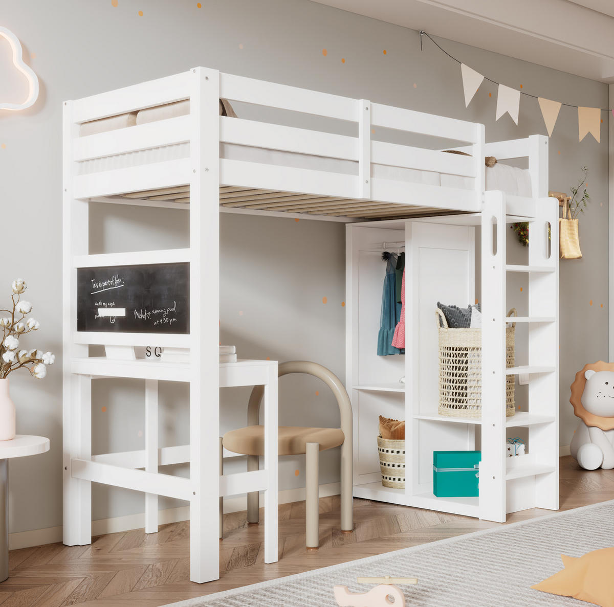 HOCHBETT 90/200 cm Weiß aus Holz mit Schreibtisch und Kleiderschrank - Weiß, Holzwerkstoff (90/200cm) - OKMYHOME