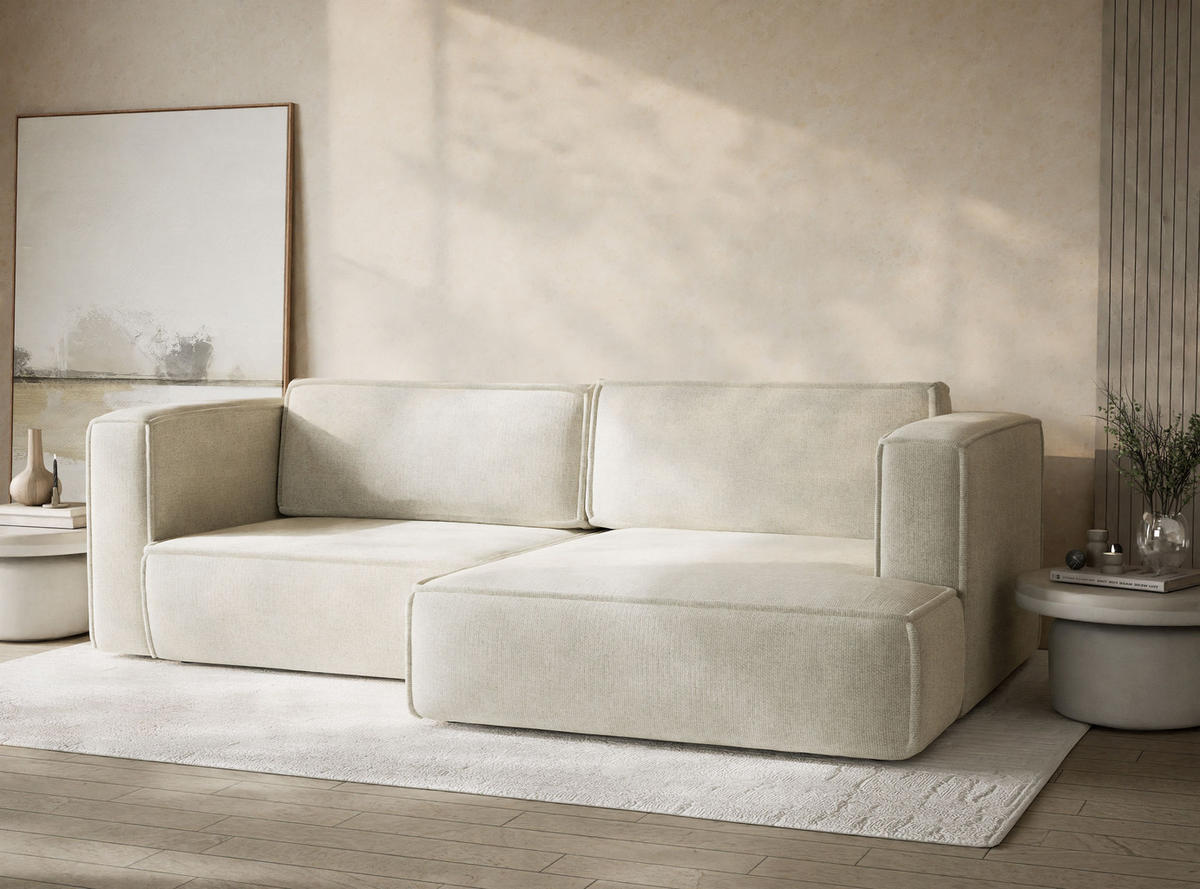 ECKSOFA MIT SCHLAFFUNKTION Velto Creme Chenille-Stoff - Creme/Schwarz, Holz/Holzwerkstoff (250/152cm) - Maison de Reve