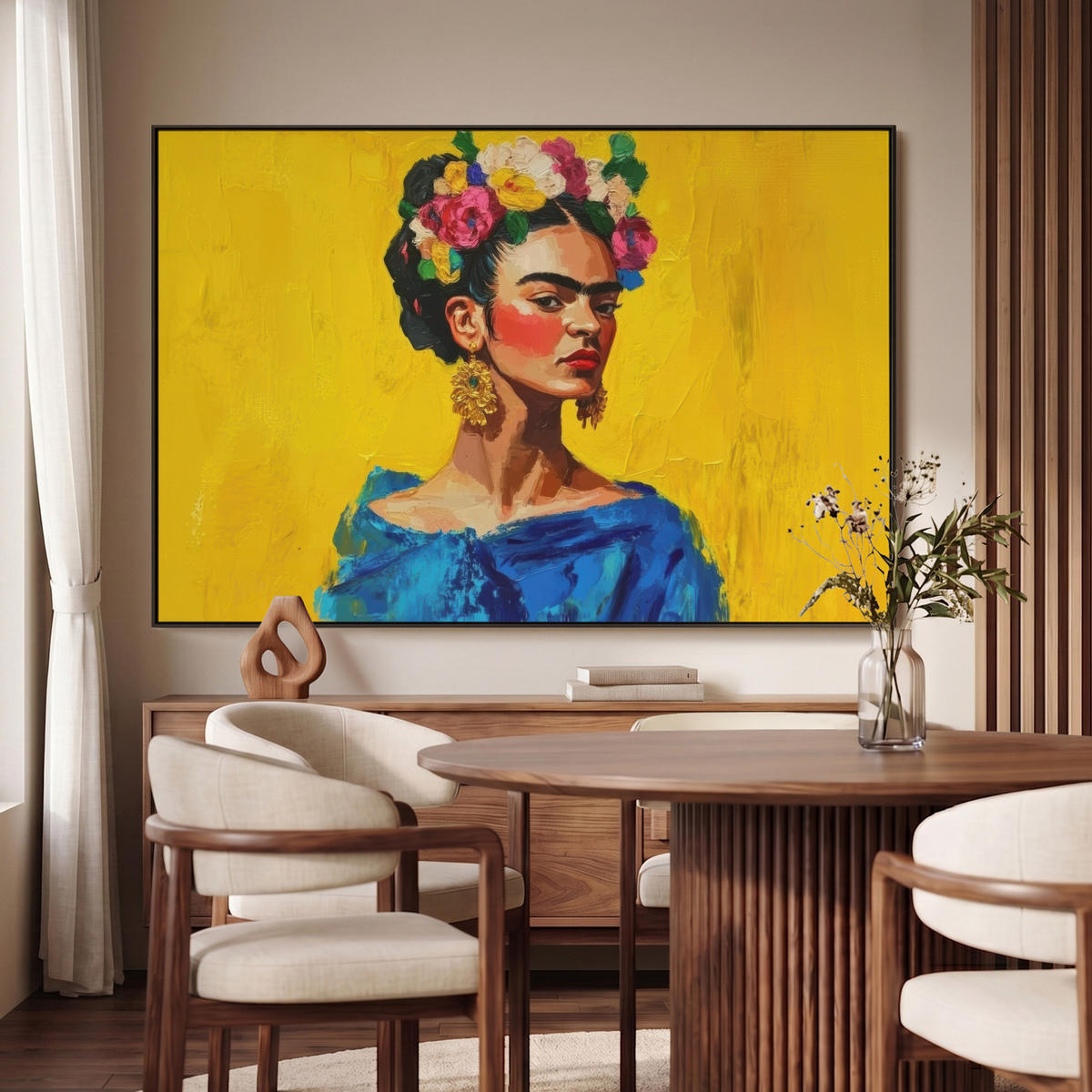 LEINWAND Bilder mit Rahmen - Frida Kahlo - Frau - Gelb - Blau - Blumen - 120x80 - Gelb, Textil (120/80cm) - MuchoWow