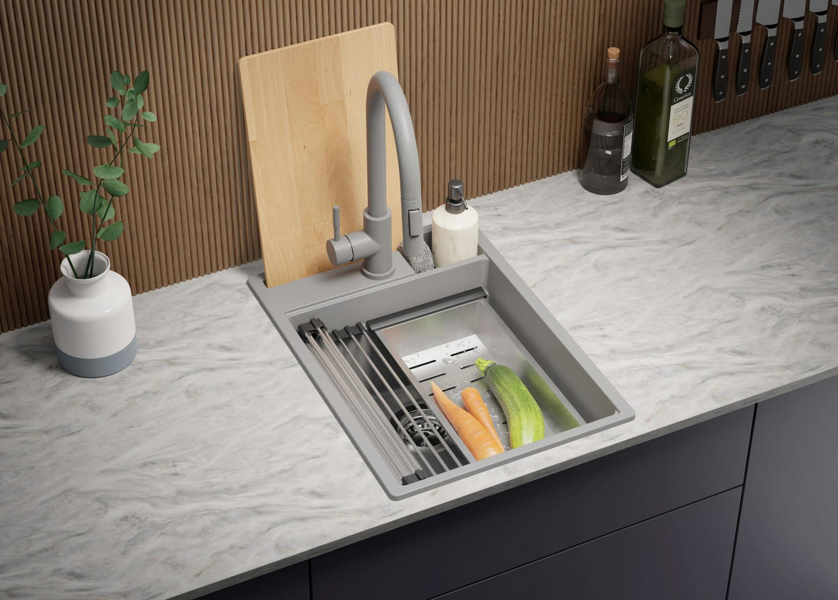 GRANITSPÜLE Oslo Pocket, 2-er set Grau 38/53 cm 1 Becken + Küchenarmatur 40/20 cm + Ablauf-Set + Küchenzubehörset ab 40er Unterschrank - Chromfarben/Beige, Kunststoff (38/20/53cm) - Primagran