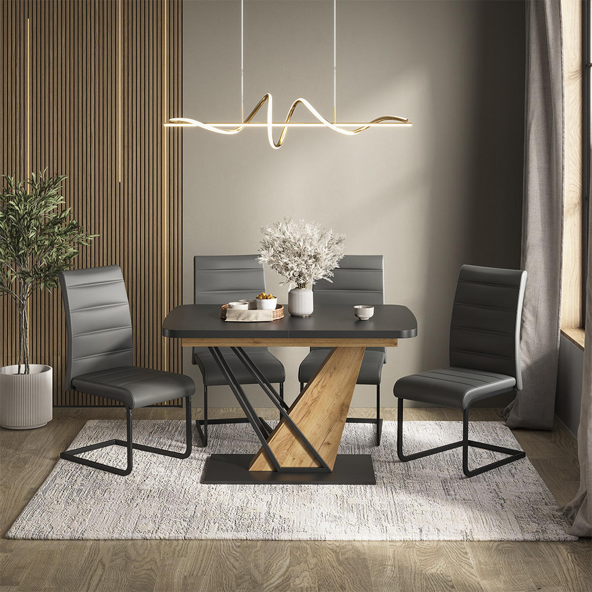 SÚPRAVA JEDÁLENSKÉHO STOLA Fenaro, čierna/Dub Goldkraft, 120 x 80 cm so 4 jedálenskými stoličkami, šedé - čierna/dub medový, kompozitné drevo (120/76/80cm) - Vicco