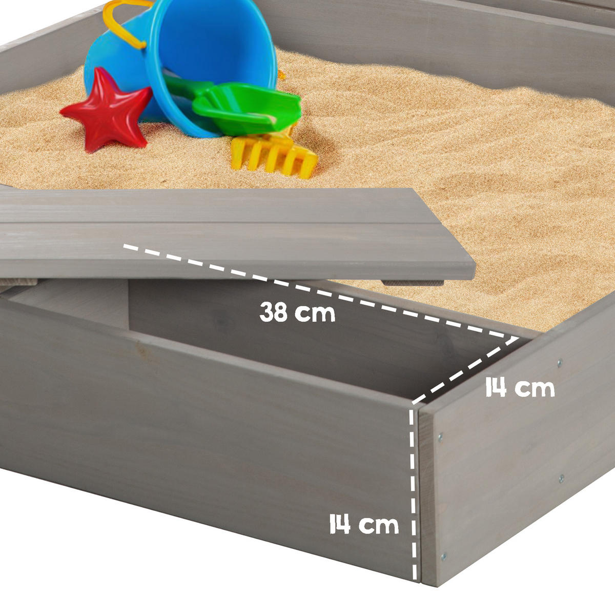 SANDKASTEN mit Deckel, Tafel und Haken grau - Grau, Holz (85/88/65.5cm) - Roba