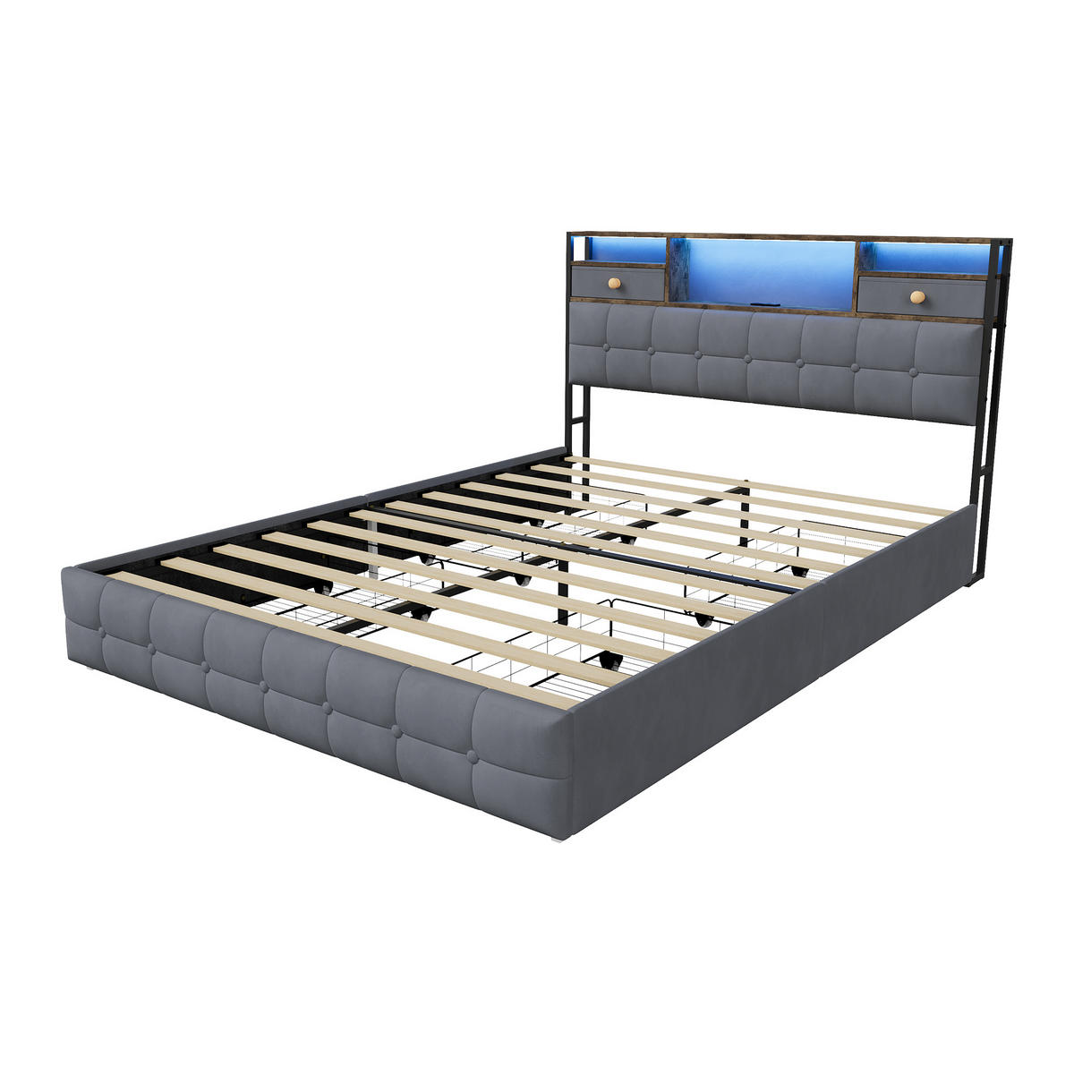 POLSTERBETT 140x200 cm mit LED, USB & 4 Schubladen, Grau - Grau, Metall (140/200cm) - EuroLiving