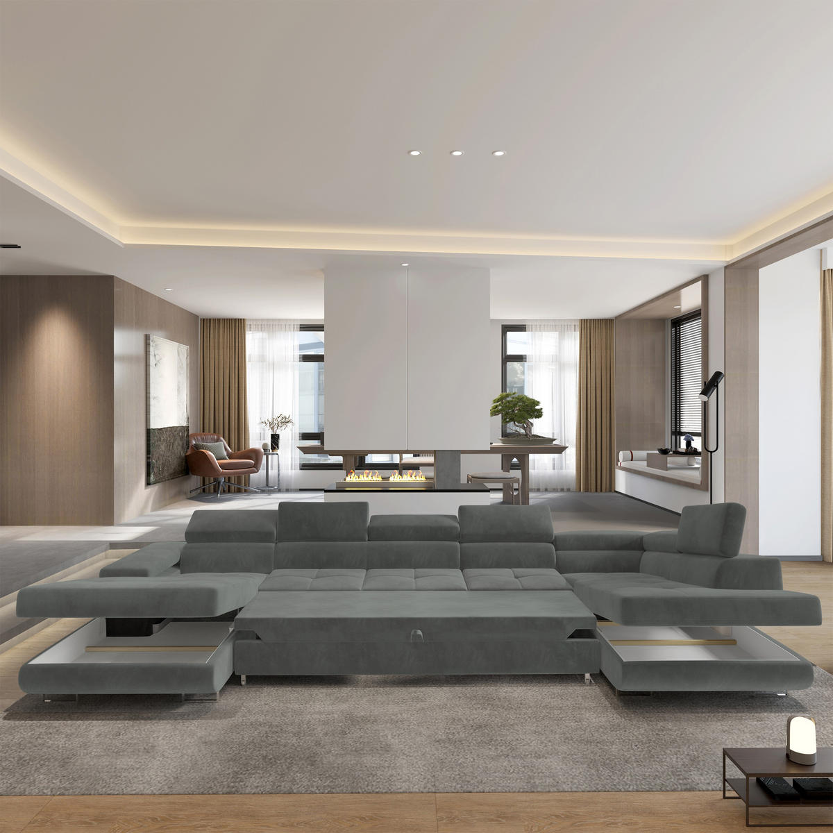 WOHNLANDSCHAFT TORIVA R-S Grau Velours-Stoff mit Schlaffunktion - Grau, Holz (418/90/202cm) - MASSENO