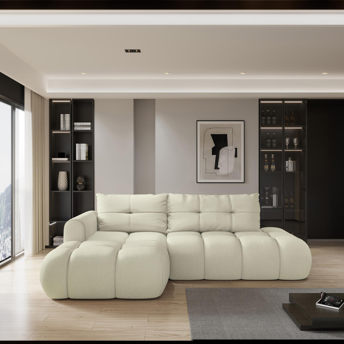 ECKSOFA FLUMA L-S Creme Geflochtener Stoff mit Schlaffunktion - Creme, Holz (274/165cm) - MASSENO