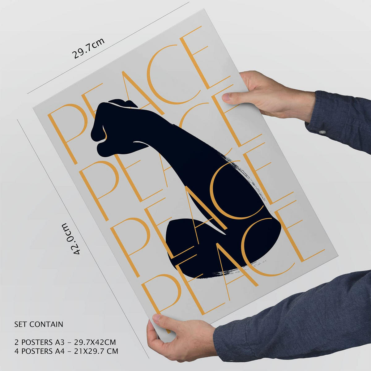 POSTER Set Mit 6 In Schwarzer Tinte Frieden Und Kraft Kunstdrucke Von Meer Und Ozean Für Innenarchitektur A3 & A4 Rahmen Aus Hellem Holz - Beige, Papier (29/3cm) - Nacnic