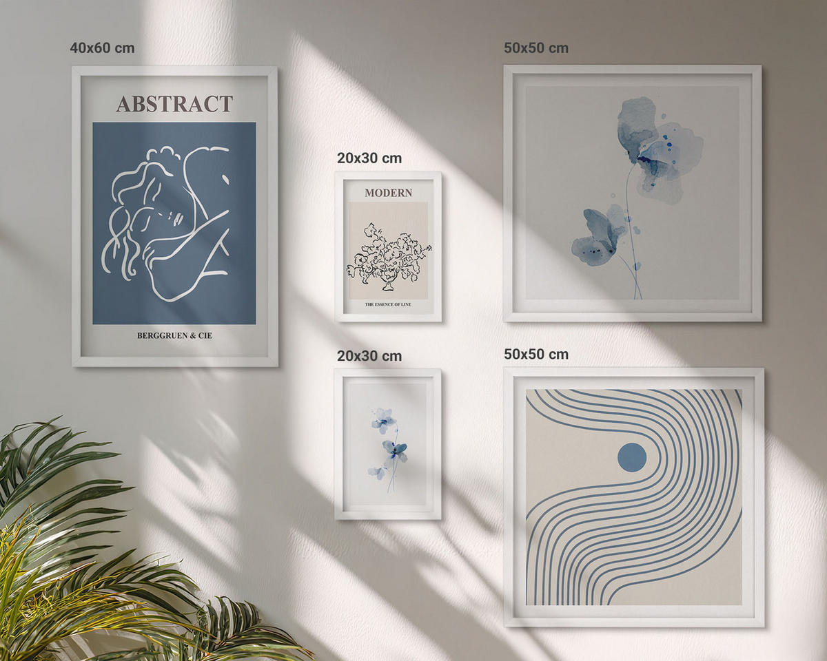 WANDBILDER 5er-Set - 50x50 cm & 20x30 cm & 40x60 cm Weißer Rahmen - abstrakte Poster mit Blumenlinien - Weiß, Kunststoff (40/60cm) - ArtPrintCave