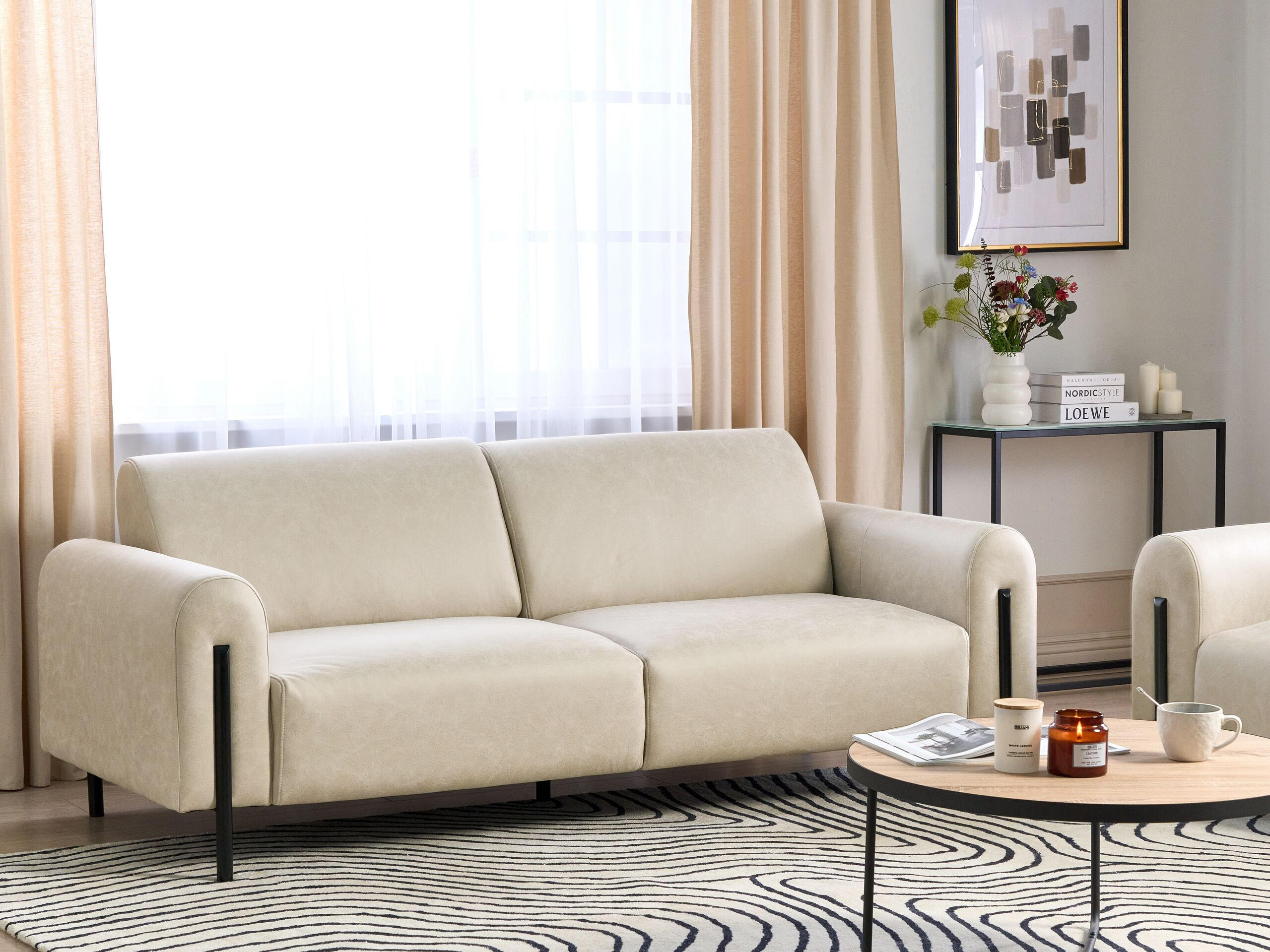 3-SITZER-SOFA Lederoptik beige Askim - Beige/Schwarz, Textil (207/87/89cm) - Beliani
