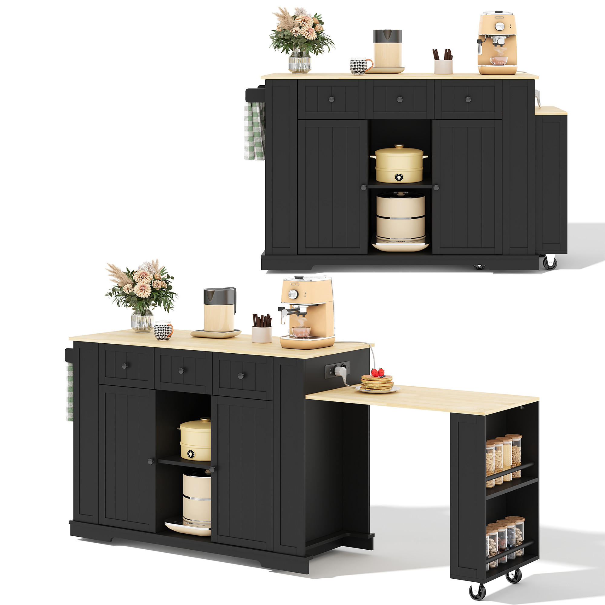 KÜCHENINSEL 93 cm MDF Schwarz Natur mit Ausziehtisch und USB-Steckdose - Schwarz, Holzwerkstoff (55/93/138cm) - Korfee