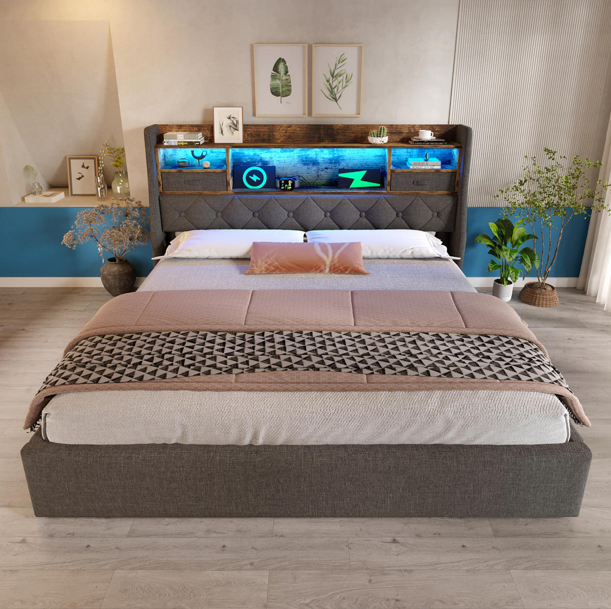 POLSTERBETT mit LED-Beleuchtung 180/200 cm mit Bettkasten & Ladestation - Grau, Textil (180/200cm) - BEAOK