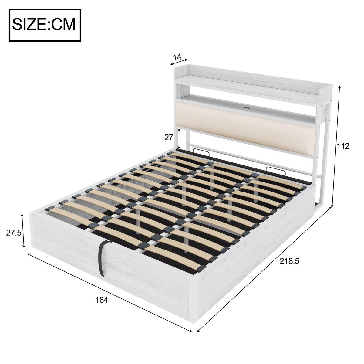 BETT 180/200 cm Weiß mit Stauraum, USB-Anschlüssen und Vintage-Look - Weiß, Metall (180/200cm) - Flora Grace